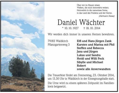 Waechter Daniel 1927-2014 Todesanzeige